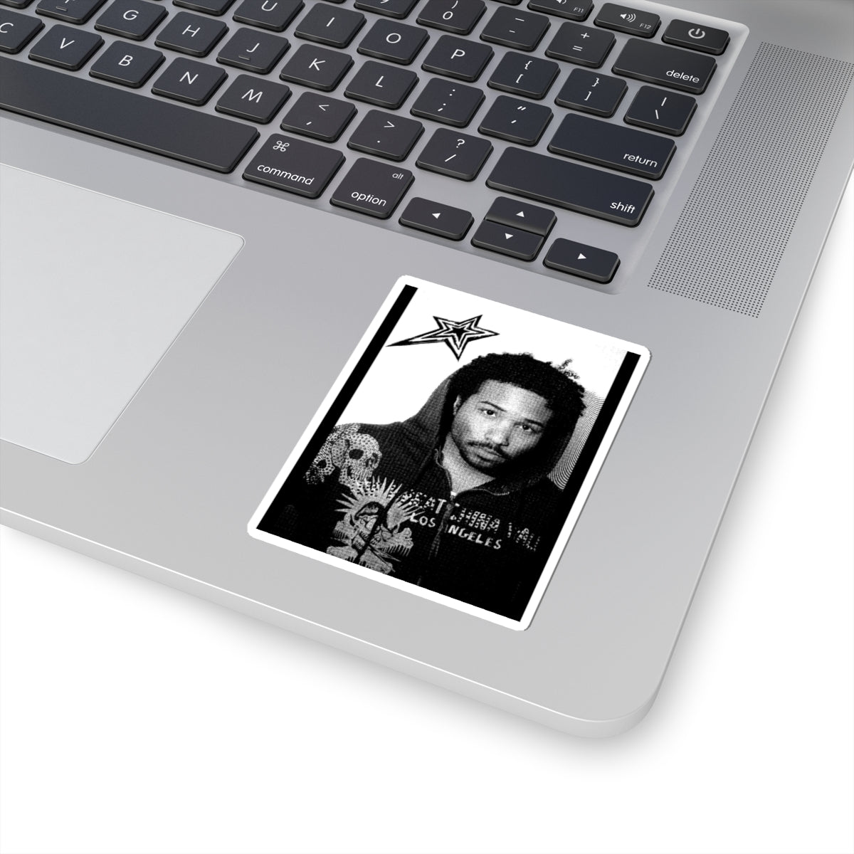 Indigo! B&W Portrait Kiss-Cut Sticker — Retro Urban Photo Design