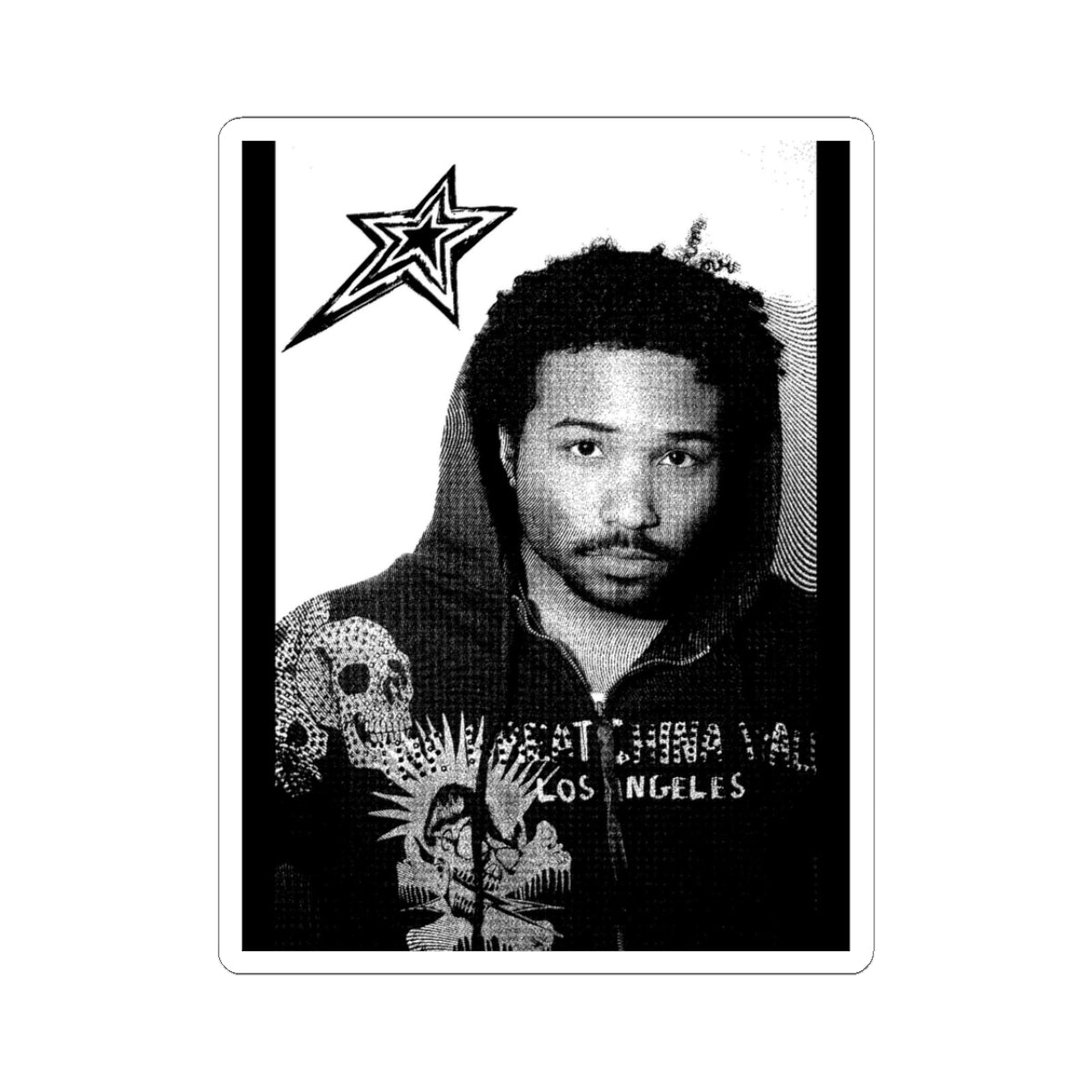 Indigo! B&W Portrait Kiss-Cut Sticker — Retro Urban Photo Design